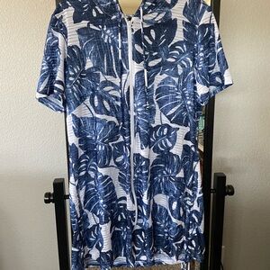 Tropical Blue Leaf Print Women's Swim Coverup